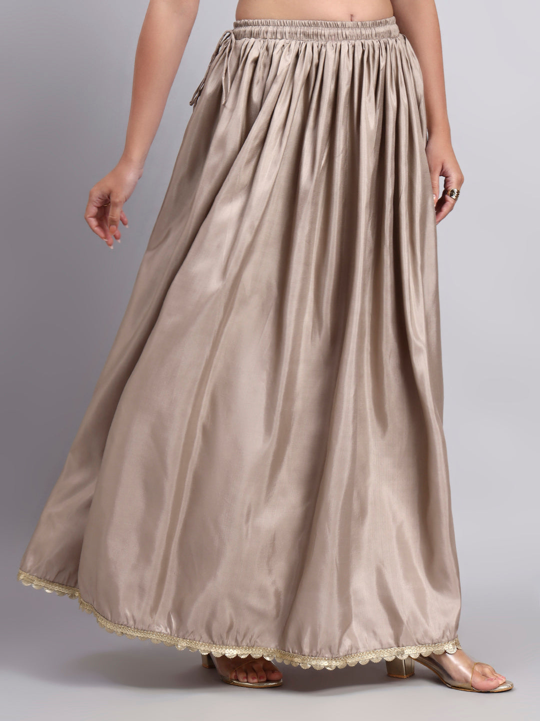 Women’s Biscuit Silk Blend Flared Skirt with Lace Border