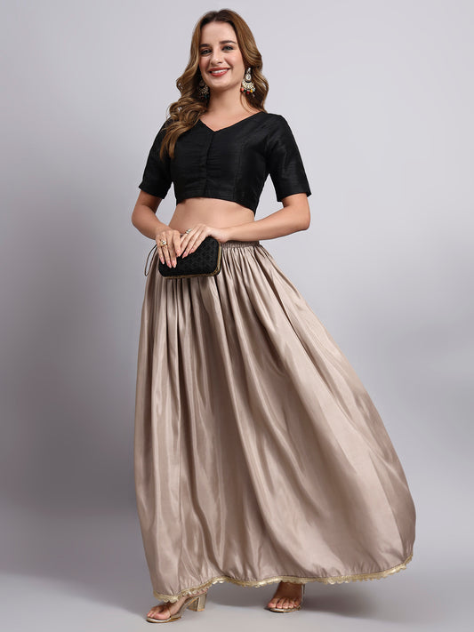 Women’s Biscuit Silk Blend Flared Skirt with Lace Border