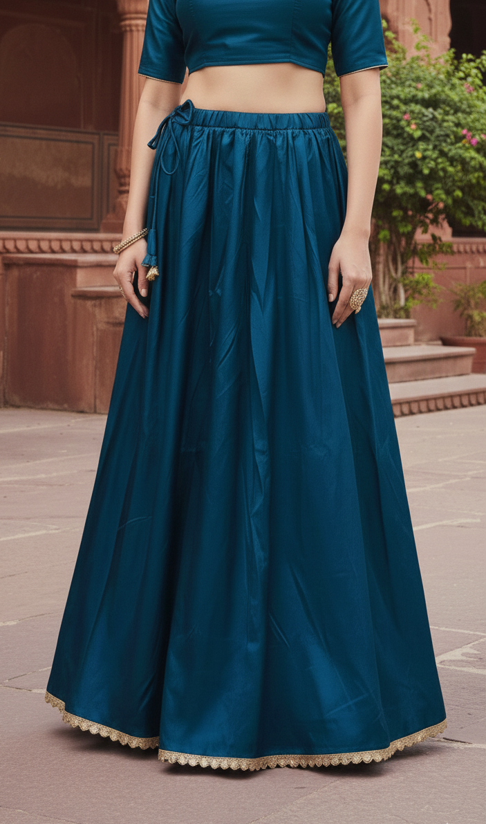 Women’s Navy Blue Silk Blend Flared Skirt with Lace Border