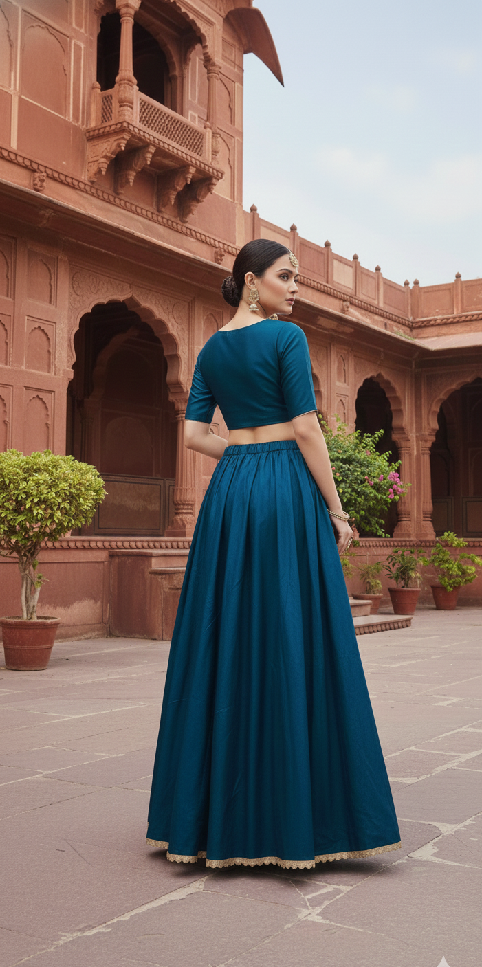 Women’s Navy Blue Silk Blend Flared Skirt with Lace Border