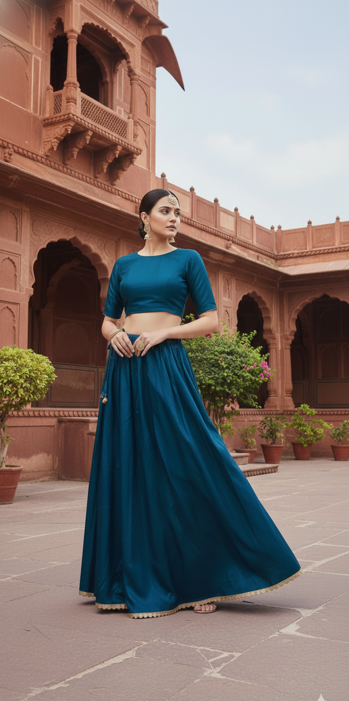 Women’s Navy Blue Silk Blend Flared Skirt with Lace Border