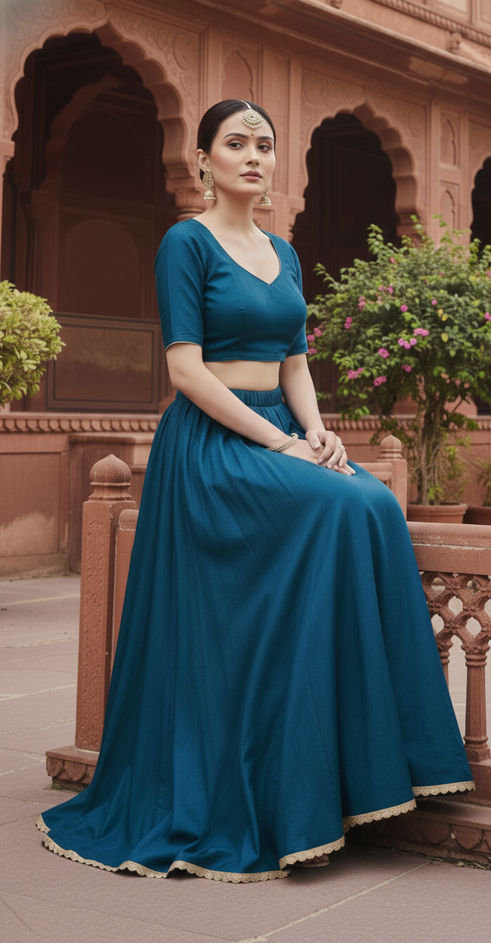 Women’s Navy Blue Silk Blend Flared Skirt with Lace Border