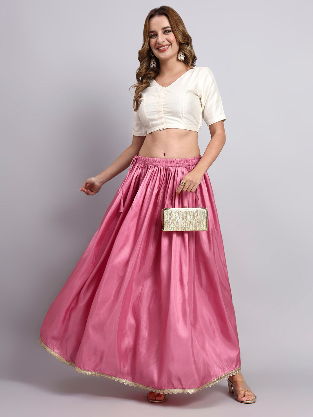 Women’s Pink Silk Blend Flared Skirt with Lace Border