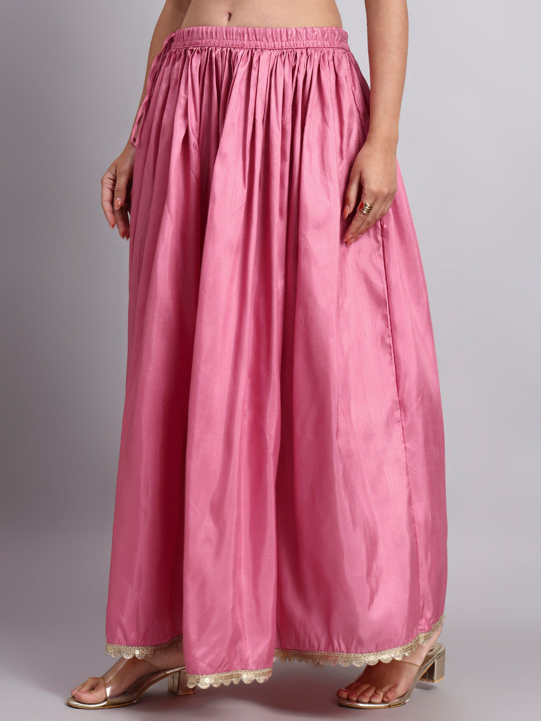 Women’s Pink Silk Blend Flared Skirt with Lace Border