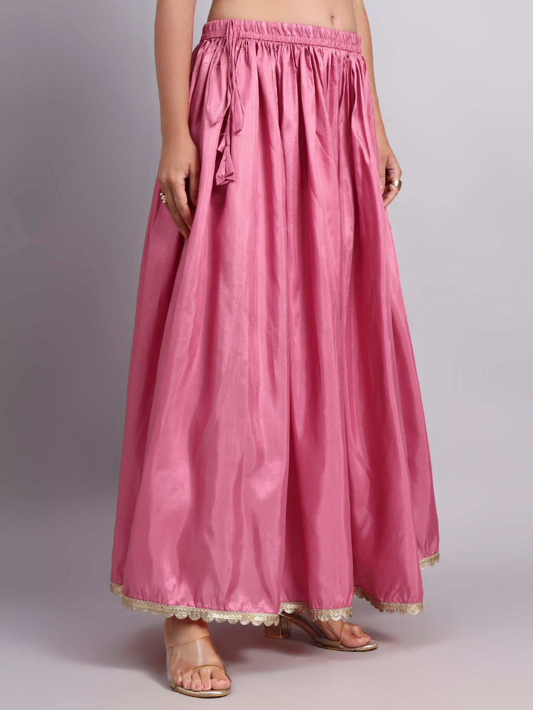 Women’s Pink Silk Blend Flared Skirt with Lace Border