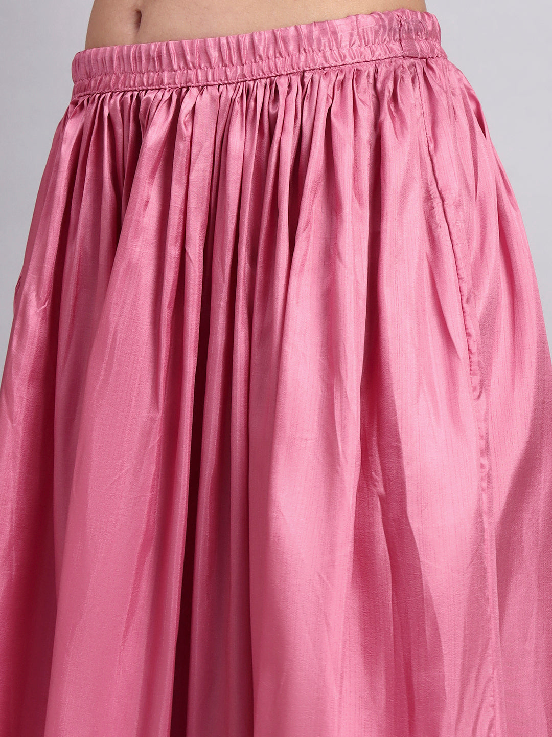 Women’s Pink Silk Blend Flared Skirt with Lace Border
