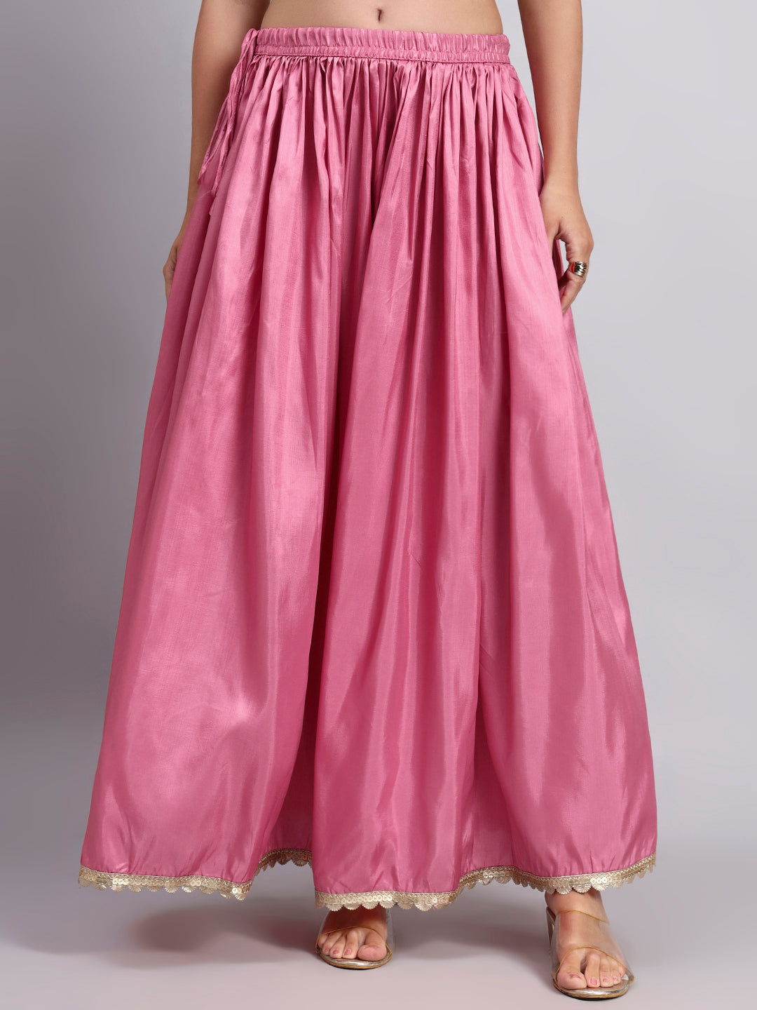 Women’s Pink Silk Blend Flared Skirt with Lace Border