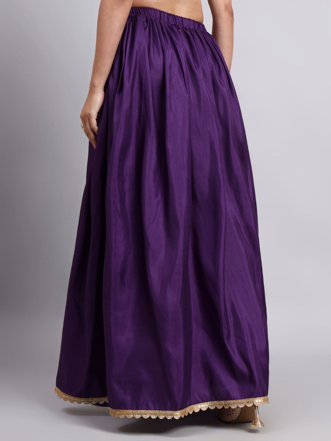 Women’s Purple Silk Blend Flared Skirt with Lace Border