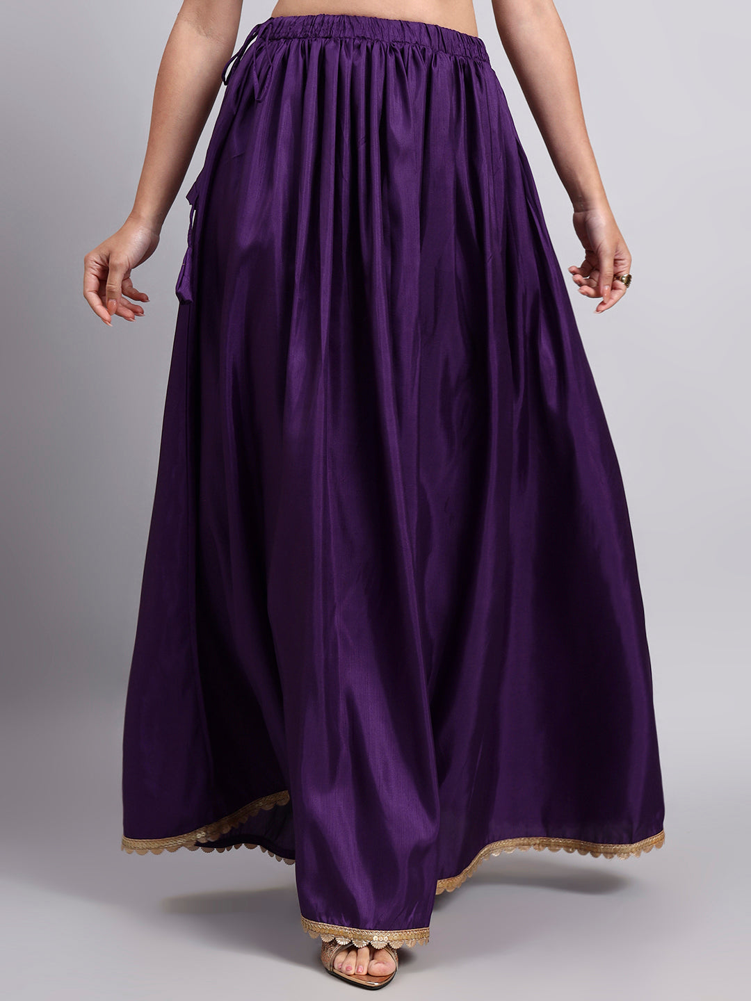 Women’s Purple Silk Blend Flared Skirt with Lace Border