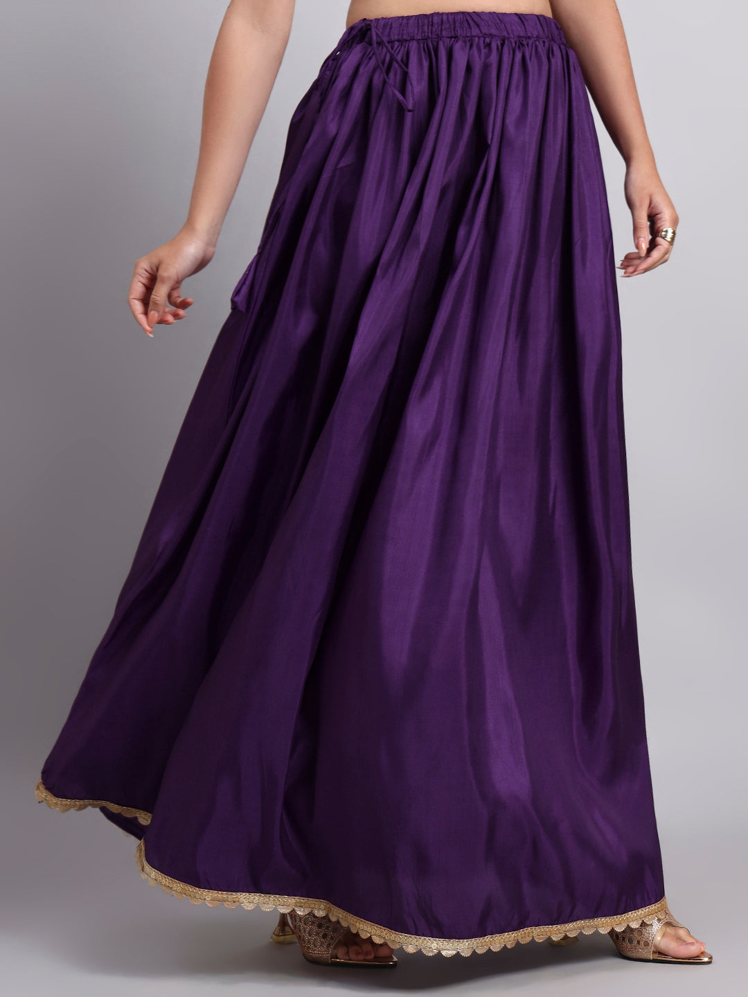 Women’s Purple Silk Blend Flared Skirt with Lace Border