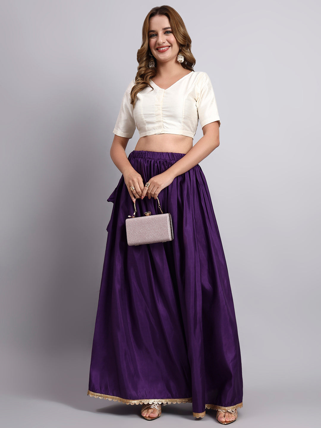 Women’s Purple Silk Blend Flared Skirt with Lace Border