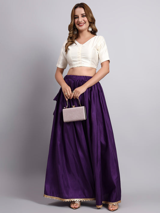 Women’s Purple Silk Blend Flared Skirt with Lace Border