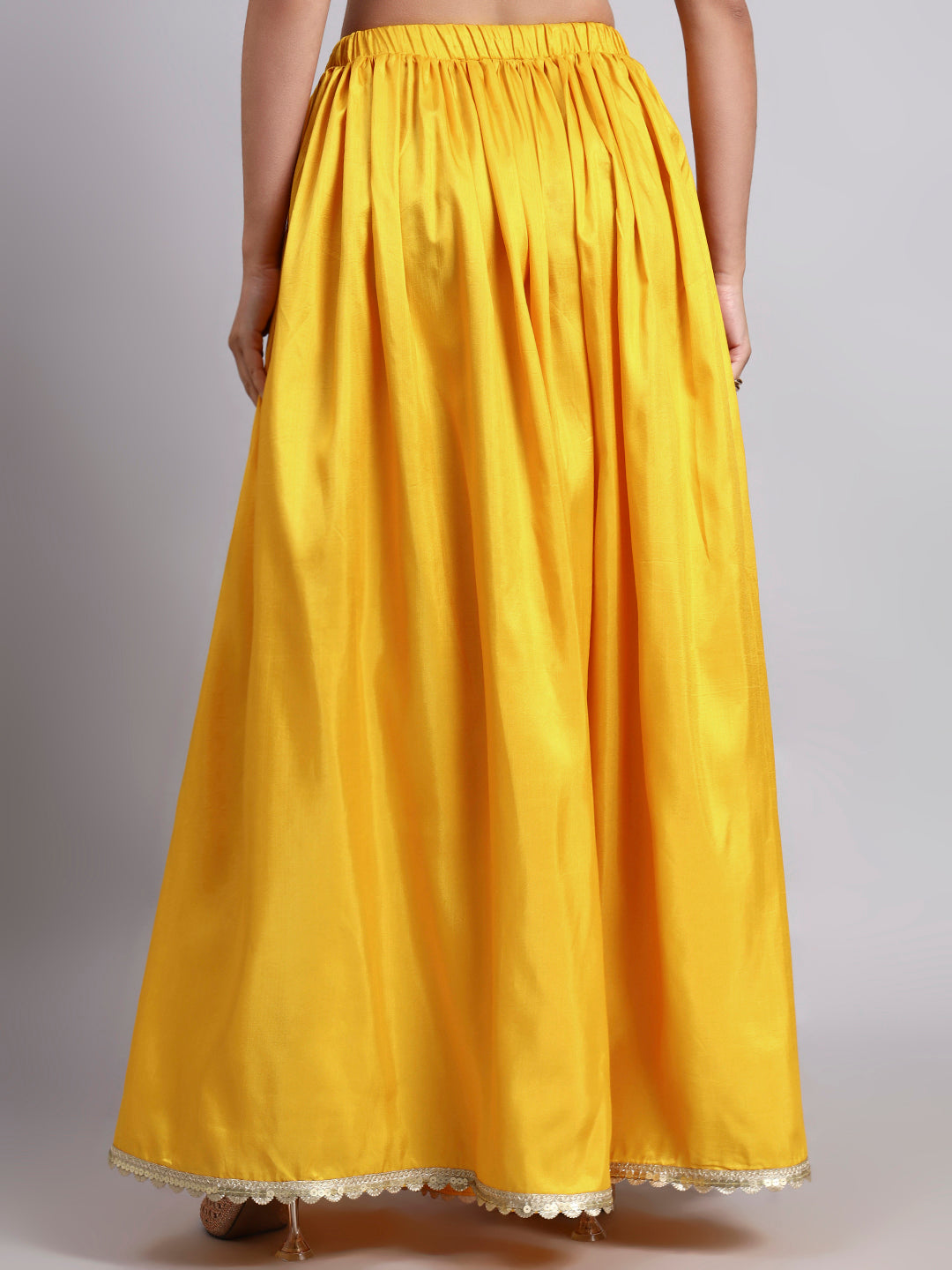 Women’s Yellow Silk Blend Flared Skirt with Lace Border