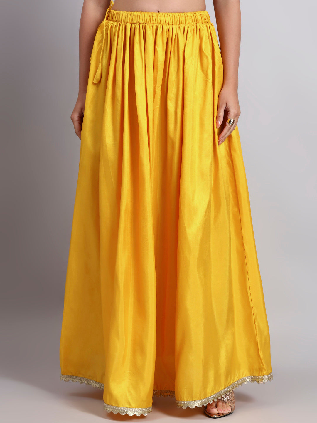Women’s Yellow Silk Blend Flared Skirt with Lace Border