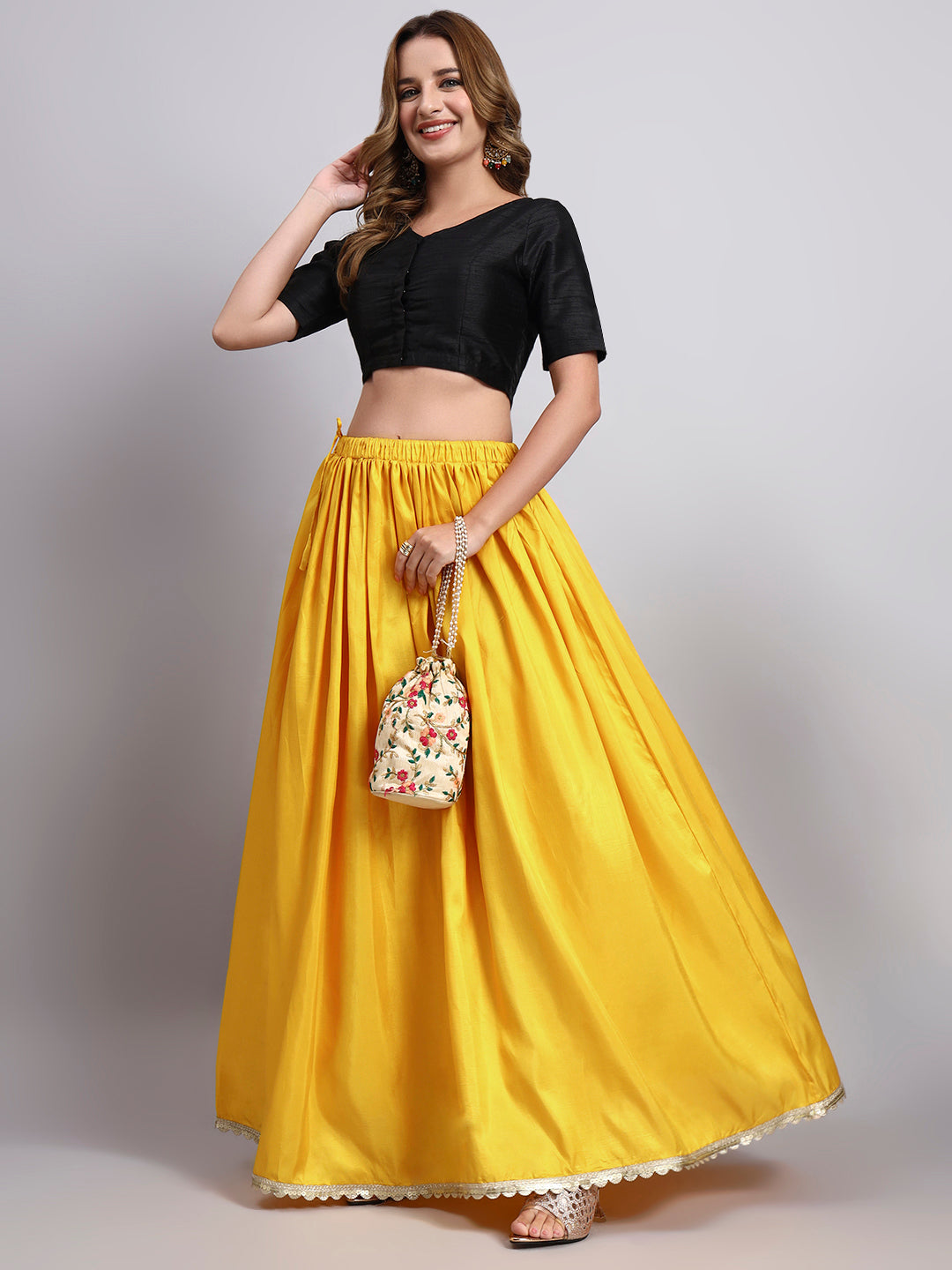 Women’s Yellow Silk Blend Flared Skirt with Lace Border