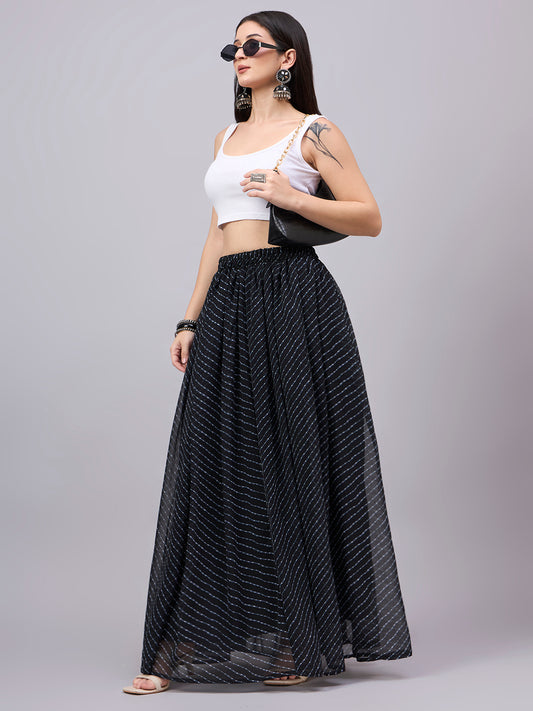 Black Printed Poly Georgette Flared Skirt