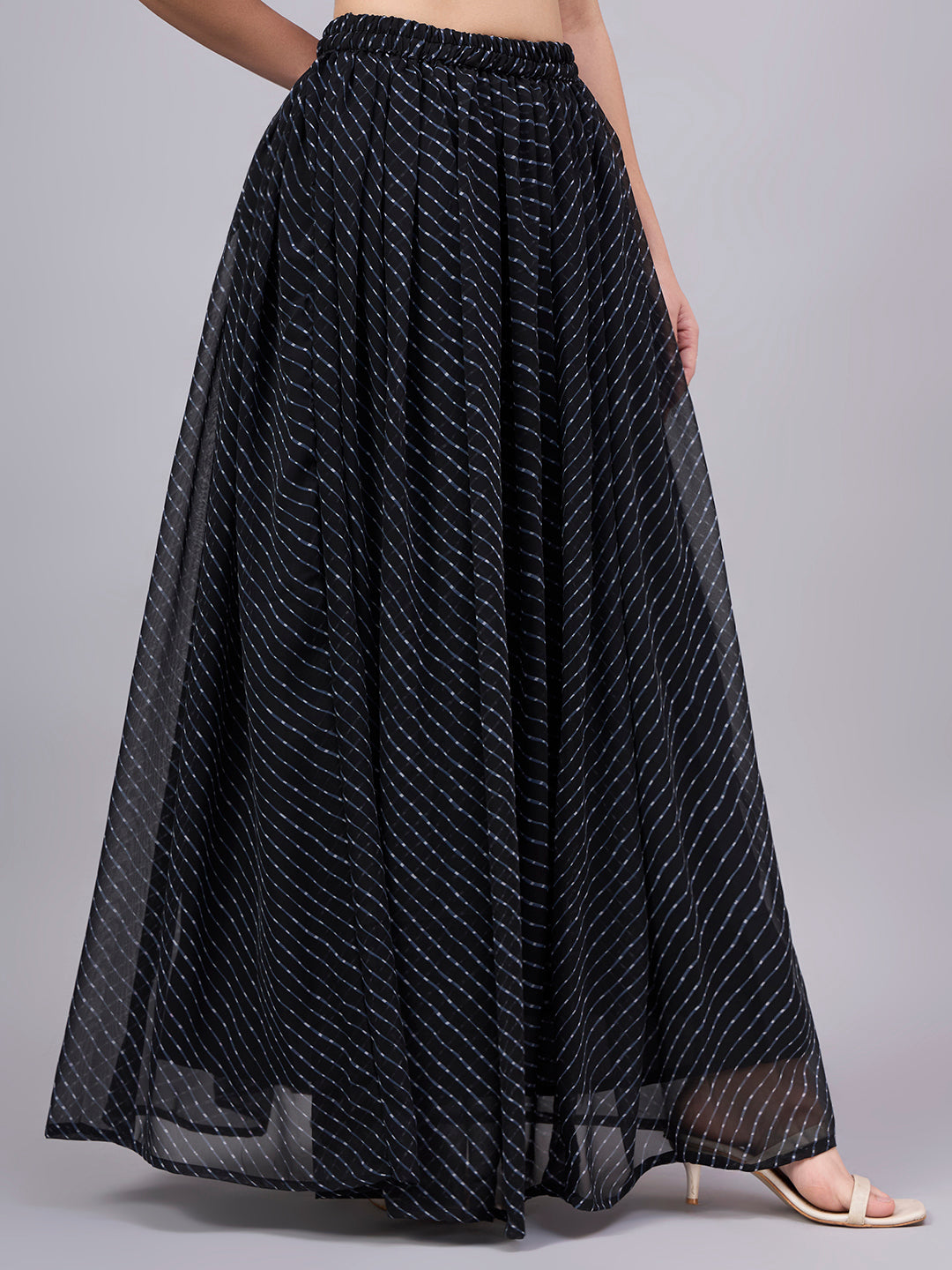 Black Printed Poly Georgette Flared Skirt