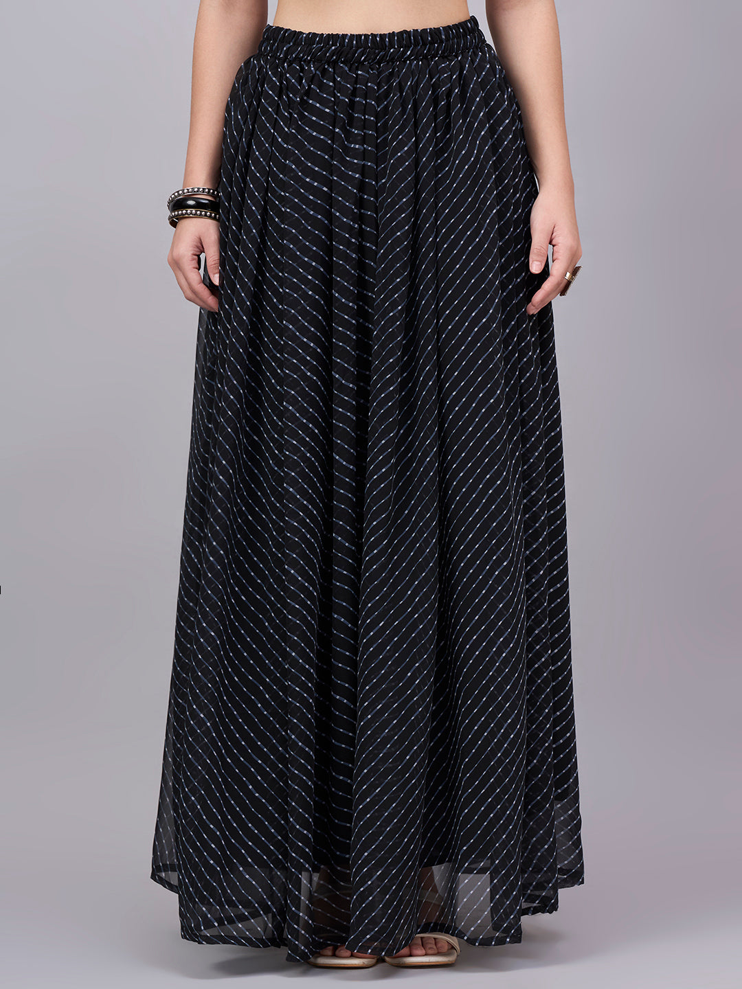 Black Printed Poly Georgette Flared Skirt