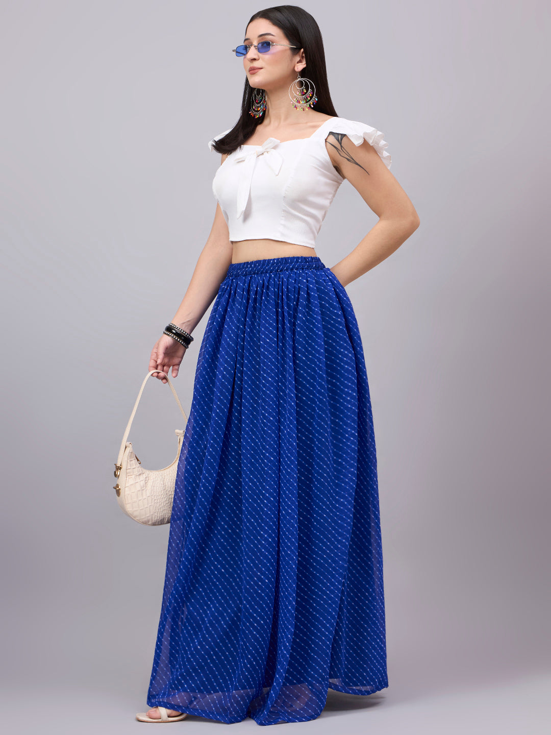 Blue Printed Poly Georgette Flared Skirt