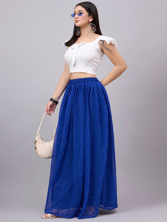 Blue Printed Poly Georgette Flared Skirt