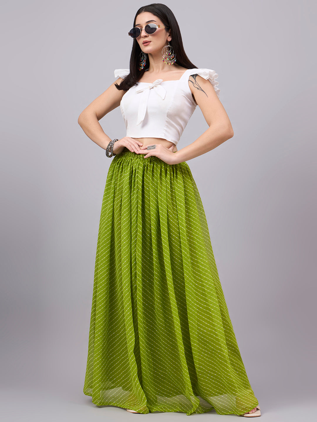 Parrot Green Printed Poly Georgette Flared Skirt