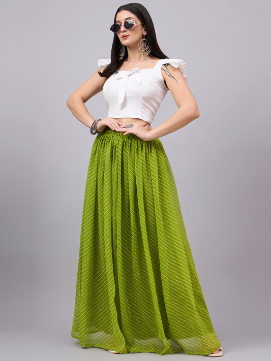 Parrot Green Printed Poly Georgette Flared Skirt