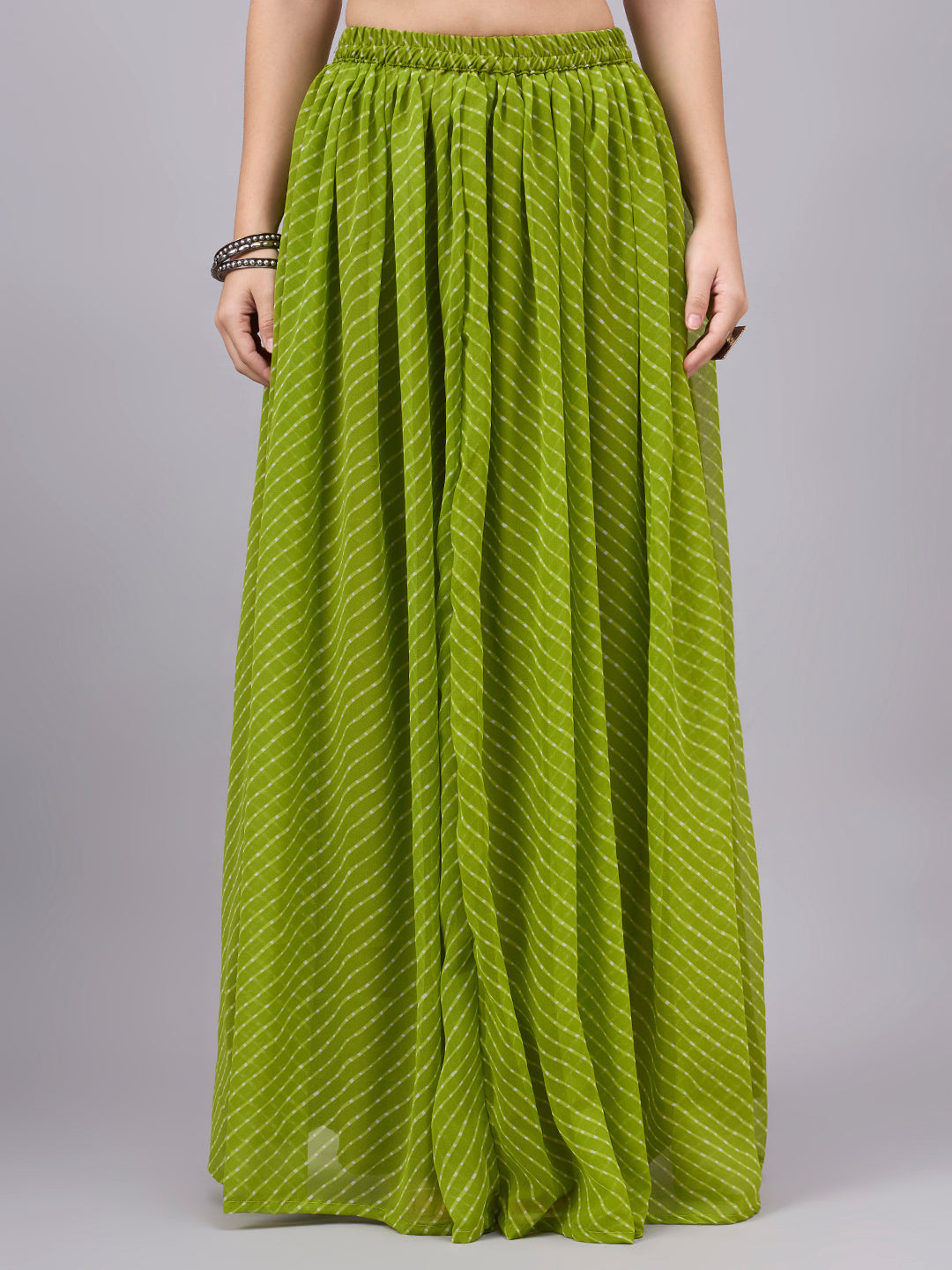 Parrot Green Printed Poly Georgette Flared Skirt