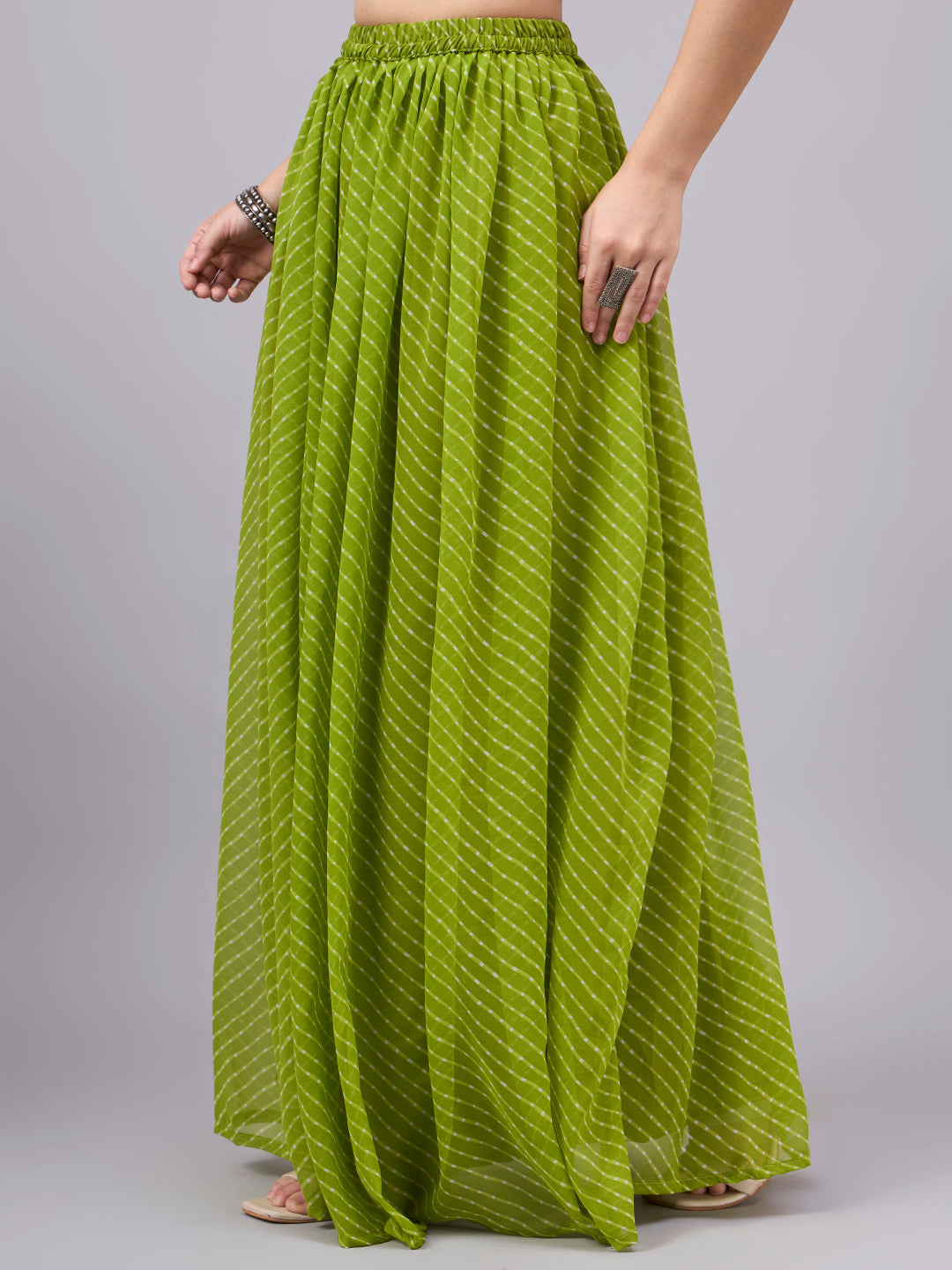 Parrot Green Printed Poly Georgette Flared Skirt