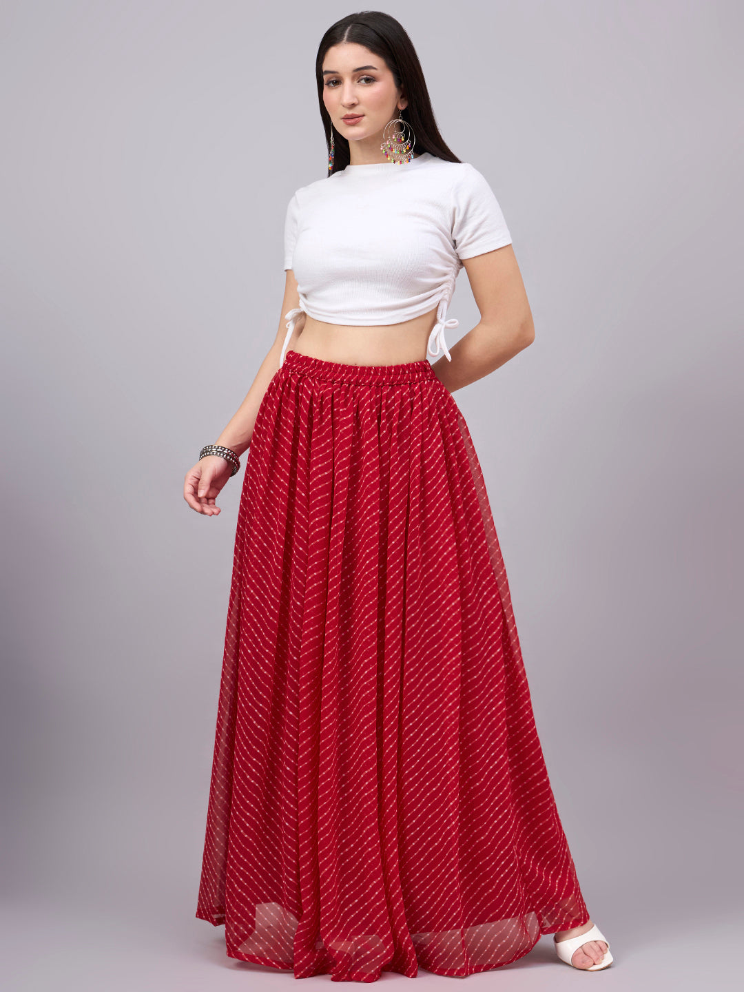 Red Printed Poly Georgette Flared Skirt