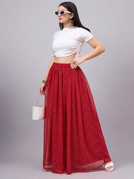 Red Printed Poly Georgette Flared Skirt