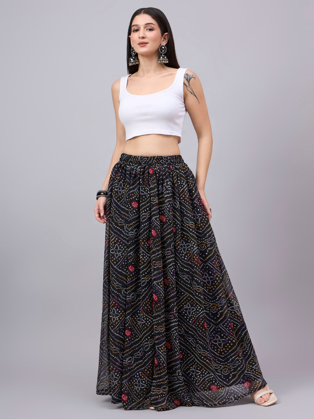 Black Printed Poly Georgette Flared Skirt