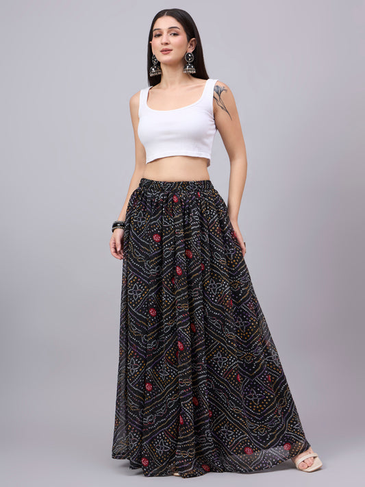 Black Printed Poly Georgette Flared Skirt