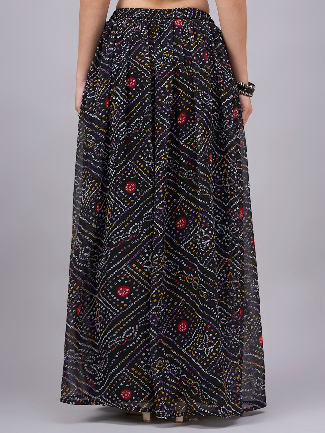Black Printed Poly Georgette Flared Skirt