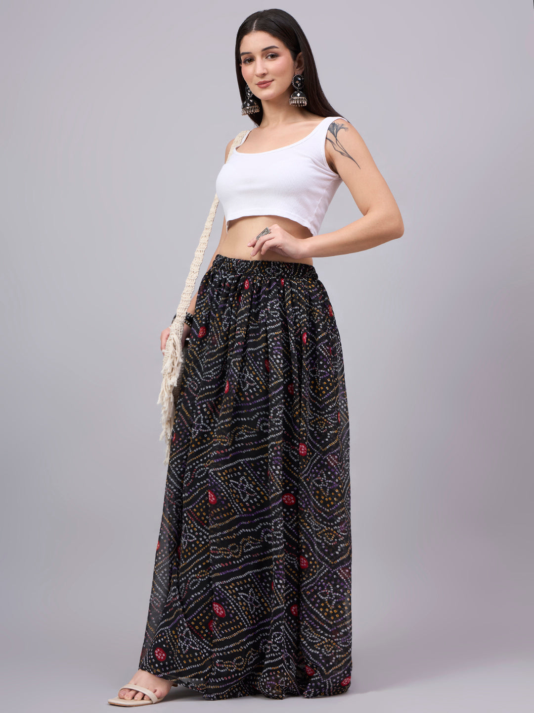 Black Printed Poly Georgette Flared Skirt