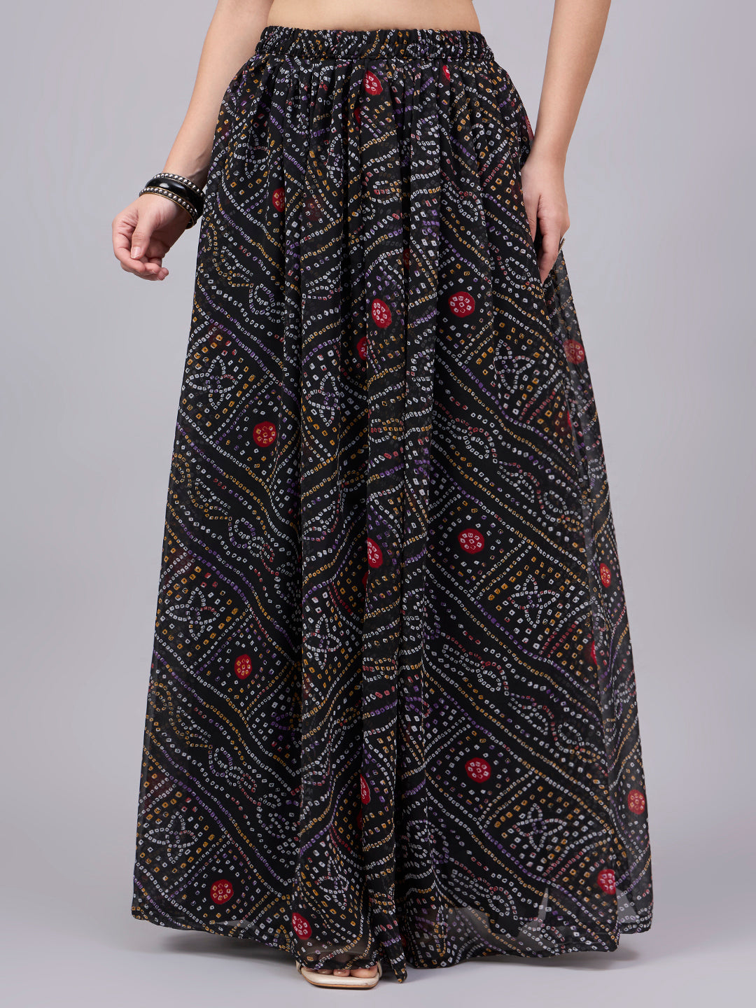 Black Printed Poly Georgette Flared Skirt