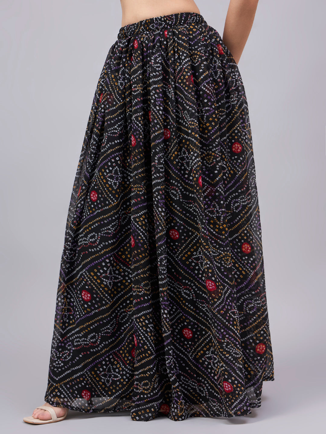 Black Printed Poly Georgette Flared Skirt