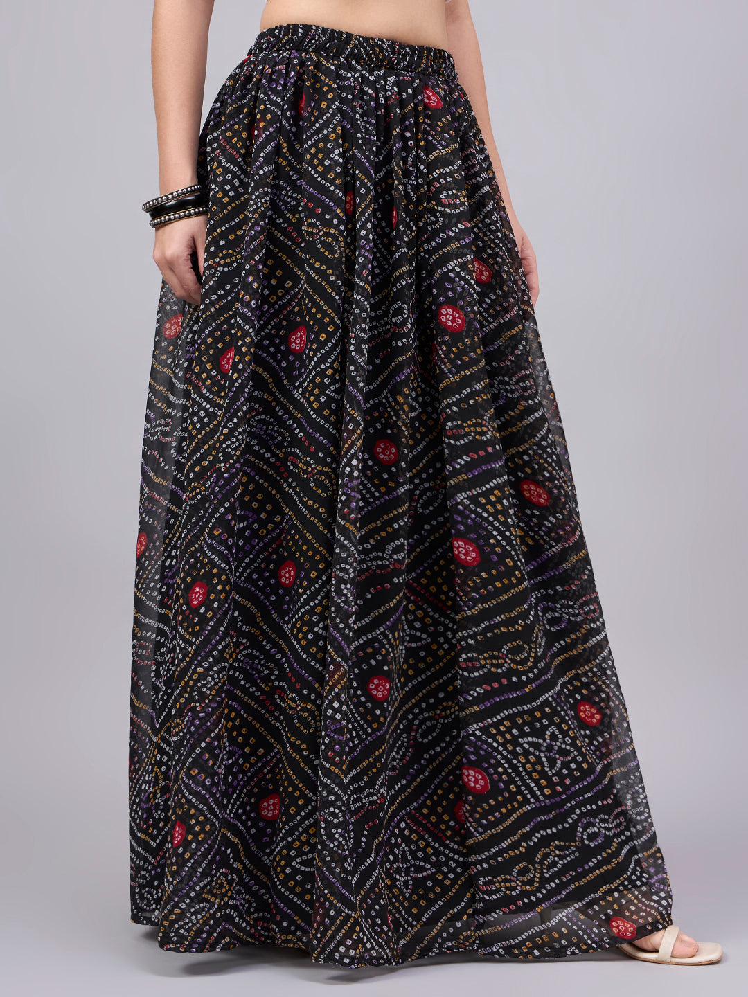 Black Printed Poly Georgette Flared Skirt