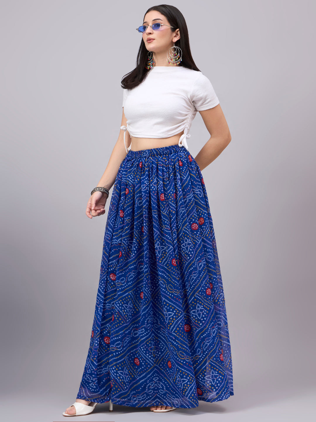 Blue Printed Poly Georgette Flared Skirt