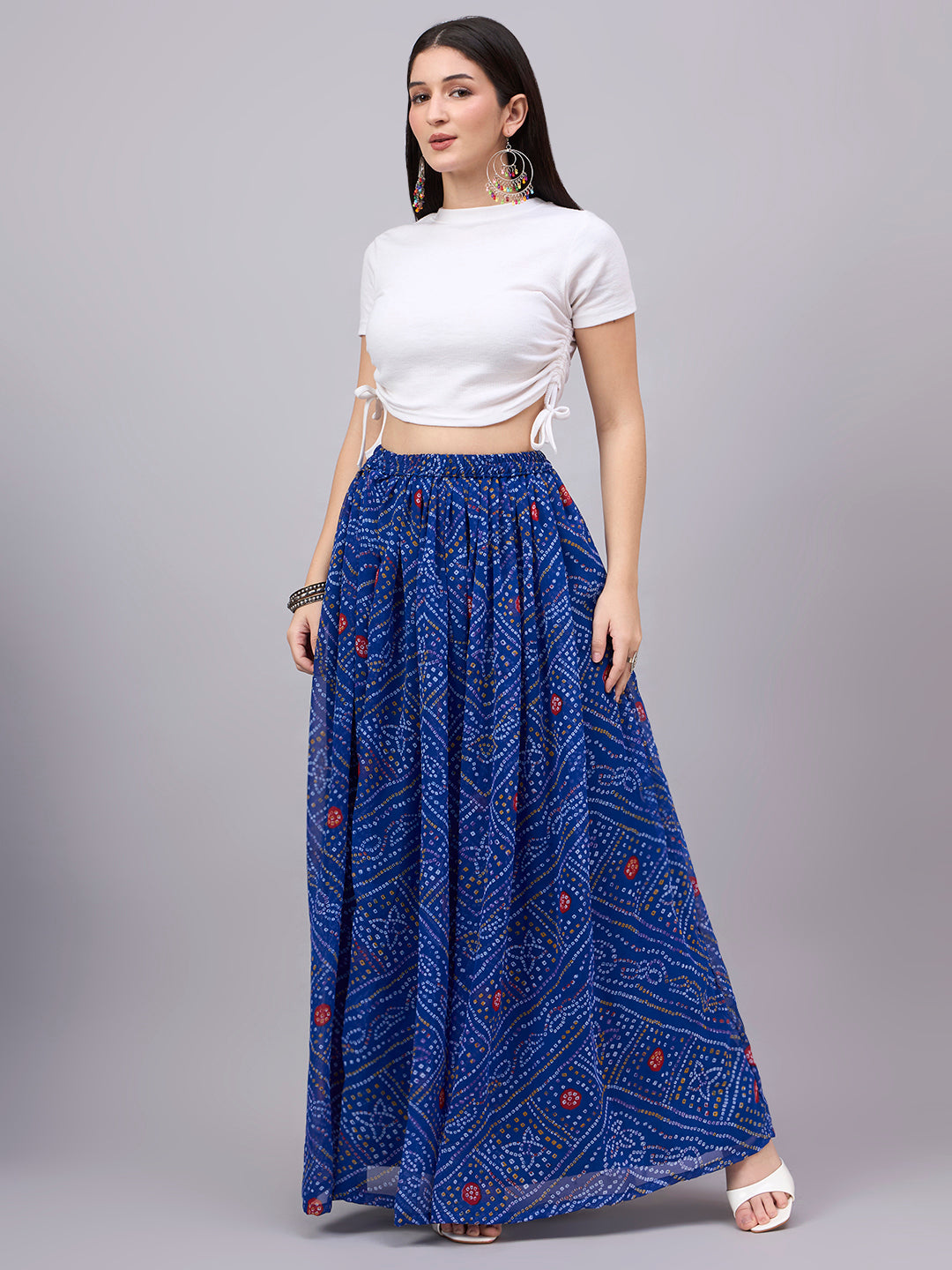 Blue Printed Poly Georgette Flared Skirt