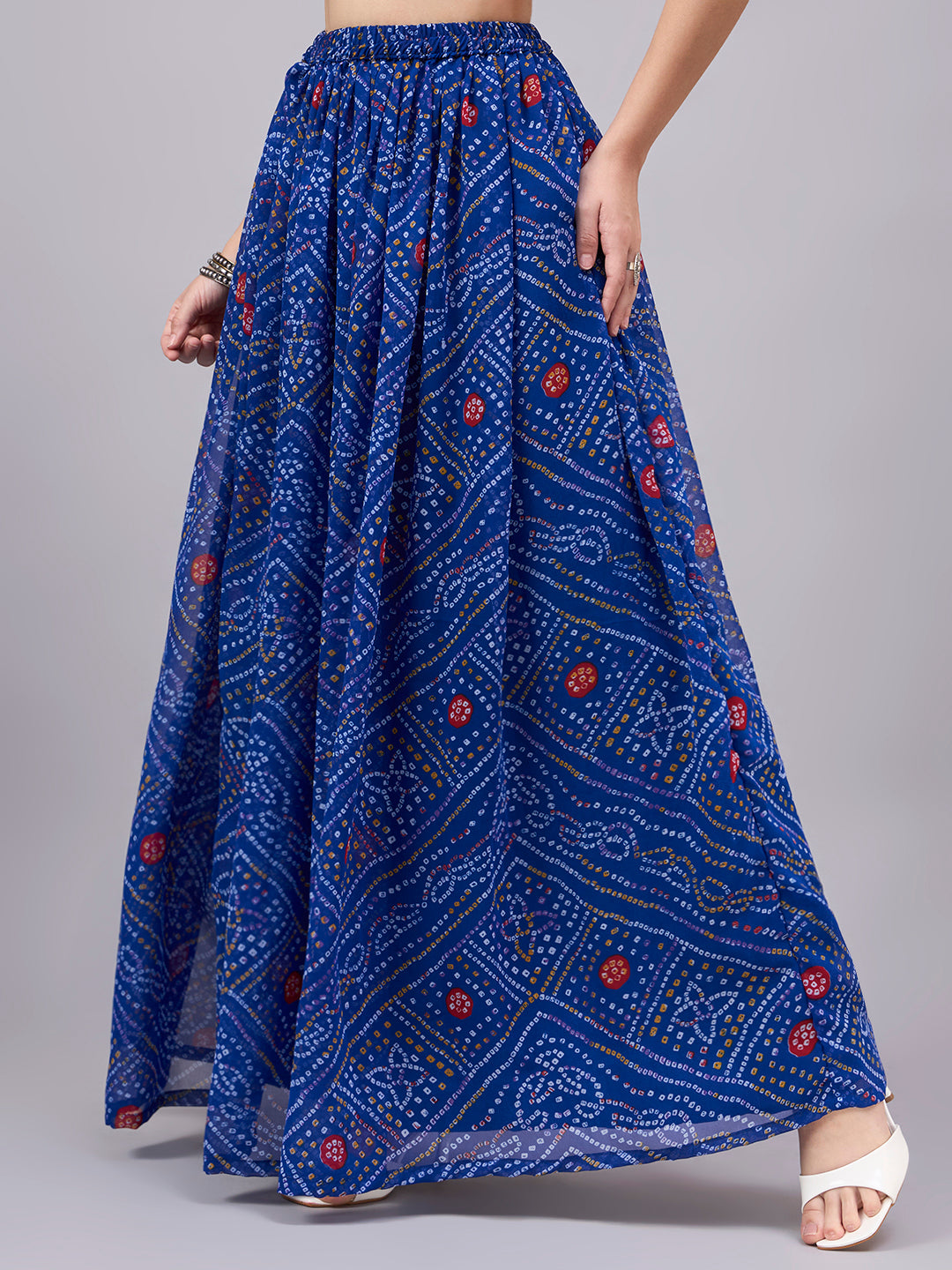 Blue Printed Poly Georgette Flared Skirt