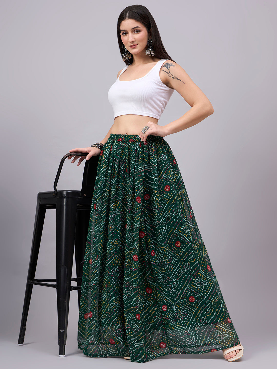 Green Printed Poly Georgette Flared Skirt