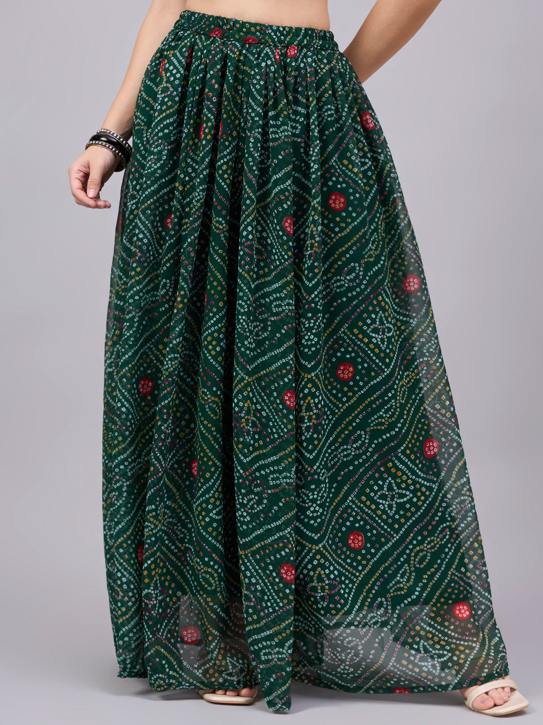 Green Printed Poly Georgette Flared Skirt