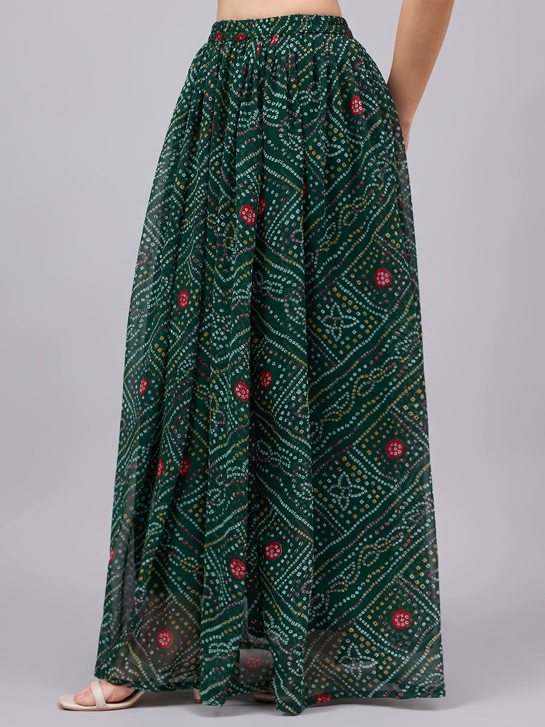 Green Printed Poly Georgette Flared Skirt