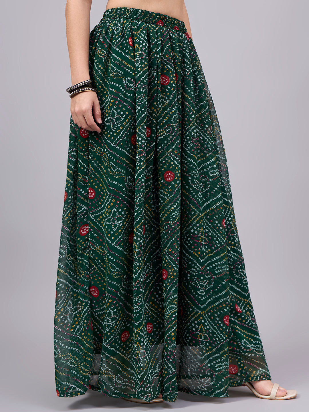 Green Printed Poly Georgette Flared Skirt