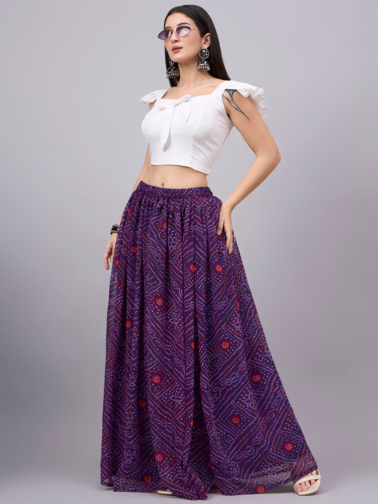 Purple Printed Poly Georgette Flared Skirt