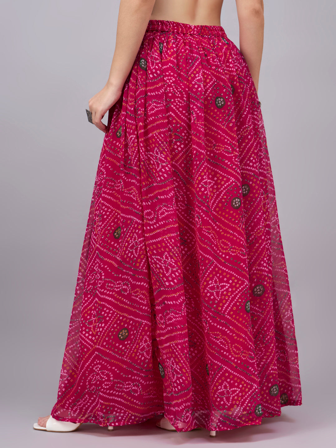 Rani Pink Printed Poly Georgette Flared Skirt