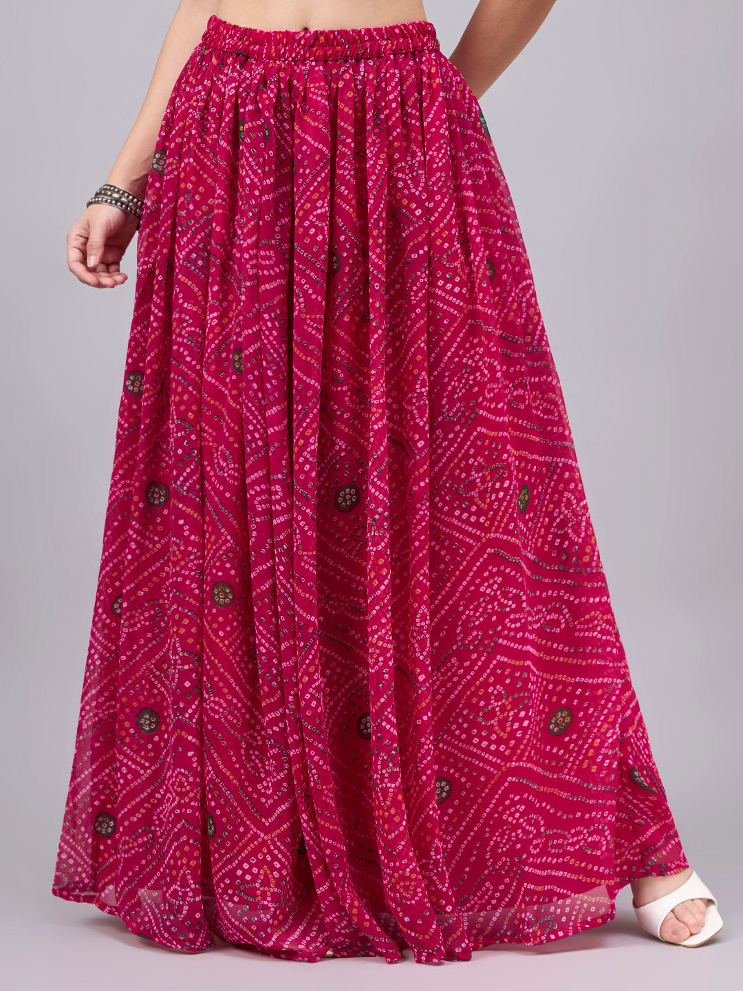 Rani Pink Printed Poly Georgette Flared Skirt