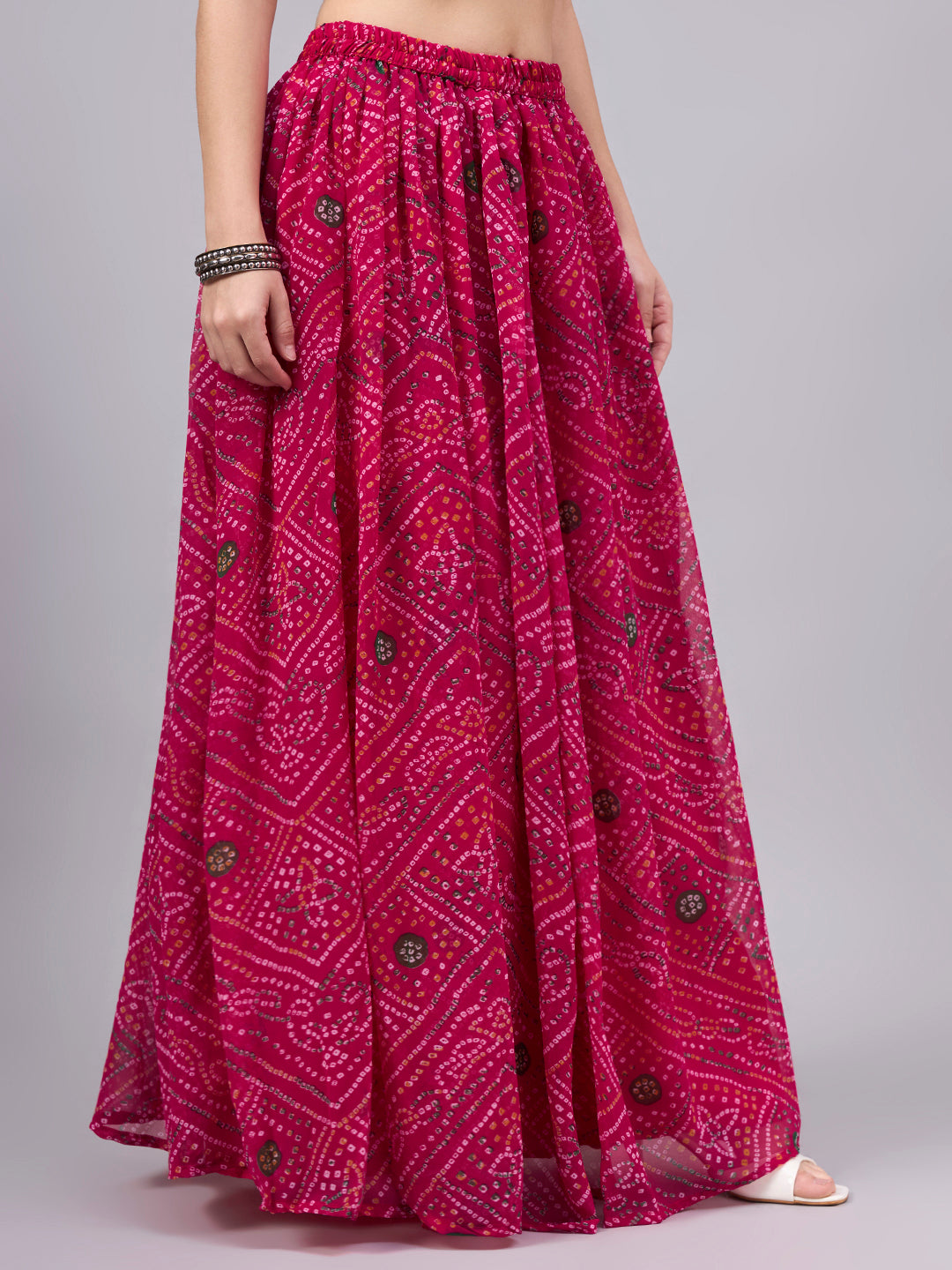Rani Pink Printed Poly Georgette Flared Skirt