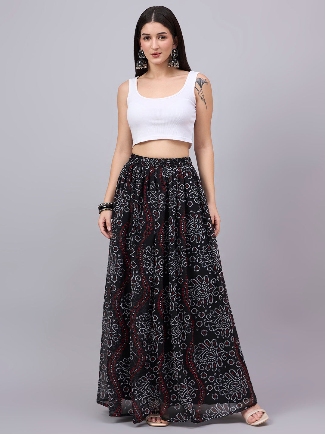 Women’s Black Printed Poly Georgette Flared Skirt