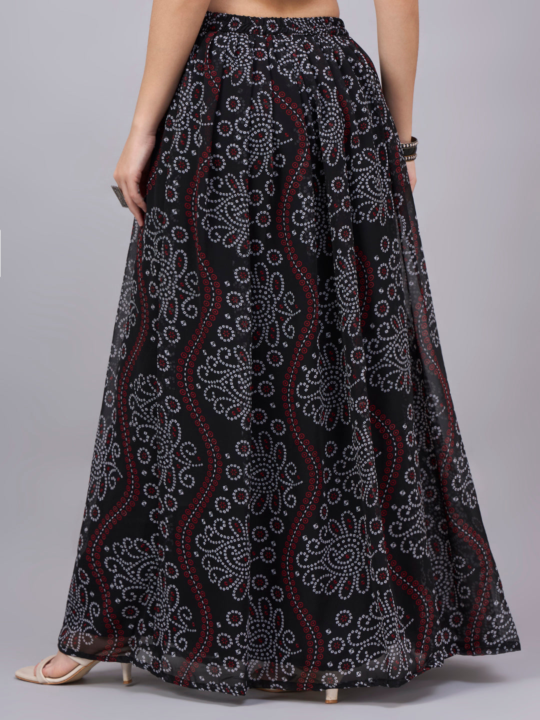 Women’s Black Printed Poly Georgette Flared Skirt